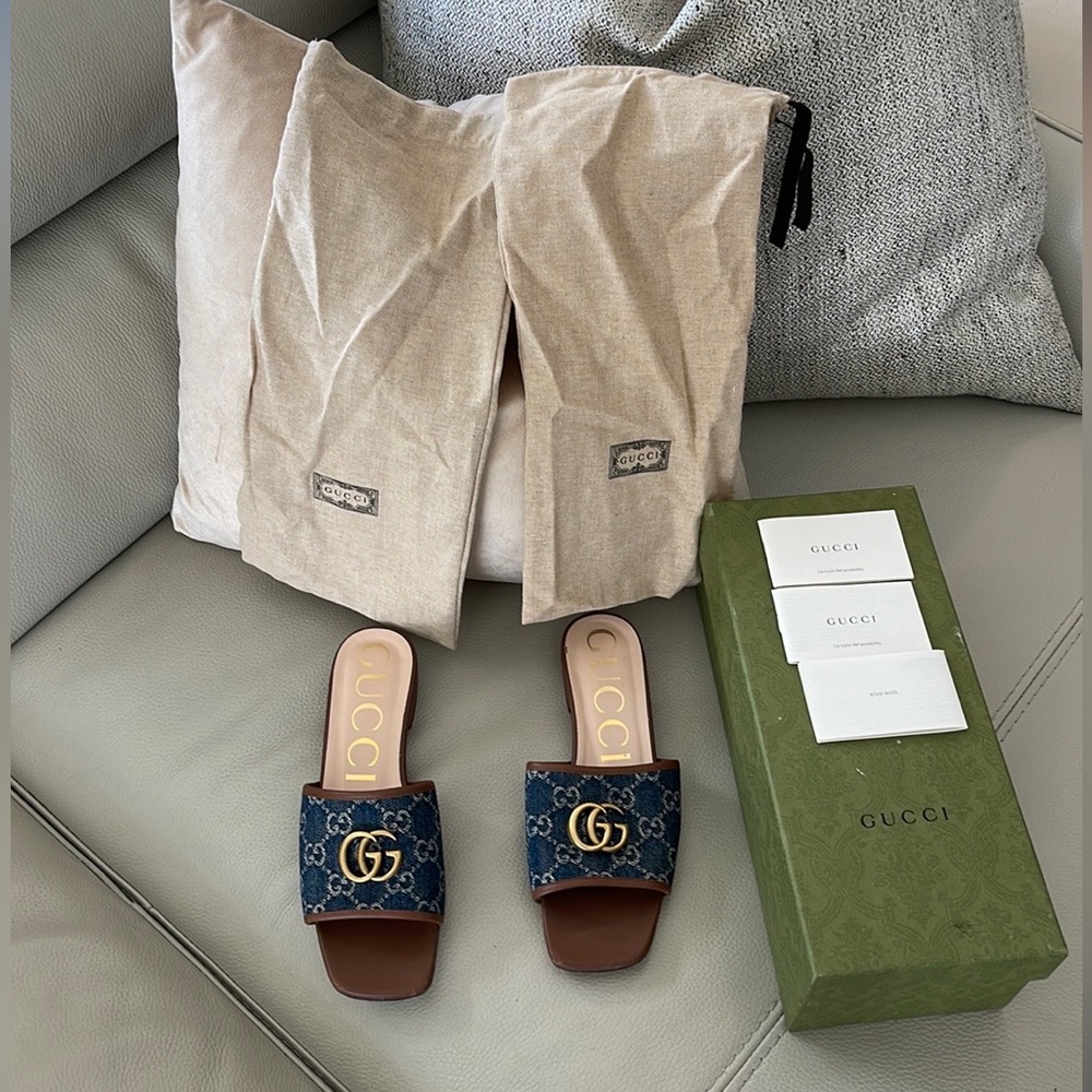 Gucci Jolie Denim Logo GG Leather Marmont Slip on Slide Flat Sandal Size: 38